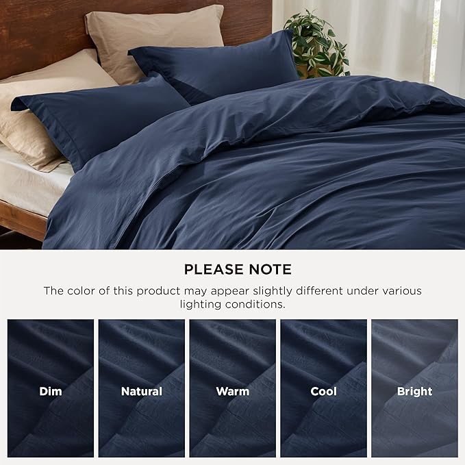 Bedsure 100% Washed Cotton Duvet Cover King Size - Navy Minimalist Cotton Duvet Cover Linen Like for All Seasons - GentleSoft™ Plain Simple Bedding (Navy, King, 104"x90")