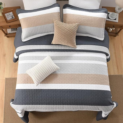 SahSahCasa 128"x120" 100% Cotton Oversized California King Bedspread Coverlet Striped Quilt Set, Cal King Quilted Bedspread Extra Large Quilt, XL Bed Spread Lightweight Comforter, Dark Slate Gray