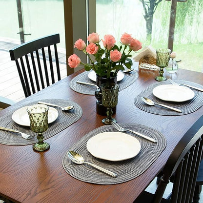 Noctiflorous Oval Braided Placemats Set of 4 Woven 12x18 Inch Non Slip Washable Heat Resistant Place Mats Tablemats for Dining Kitchen Party Daily Table Decor Dinner Mats (Gray Black, 4)