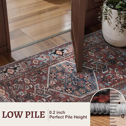 Tangsoo 2x3 Small Rugs for Entryway,Washable Vintage Oriental Entry Rug Non Slip, Soft Low Pile Throw Rugs Tribal Front Indoor Rug Small Carpet for Entrance Bedroom Kitchen Laundry Bedside (Rust Red)