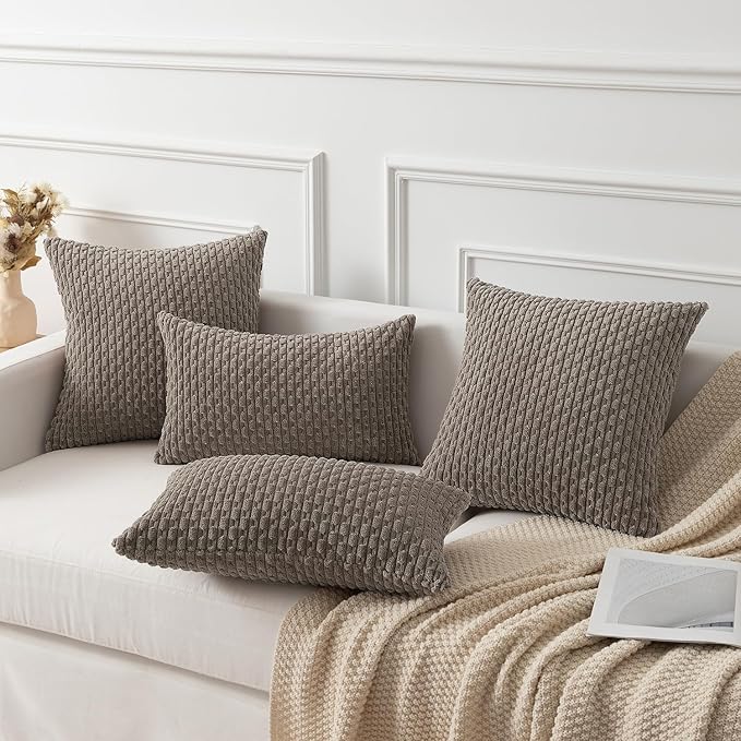 Kevin Textile Throw Pillow Covers Soft Corduroy Decorative Set of 2 Boho Striped Pillow Covers Pillowcases Farmhouse Home Decor for Couch Bed Sofa Living Room 16x16 Inch Light Brown