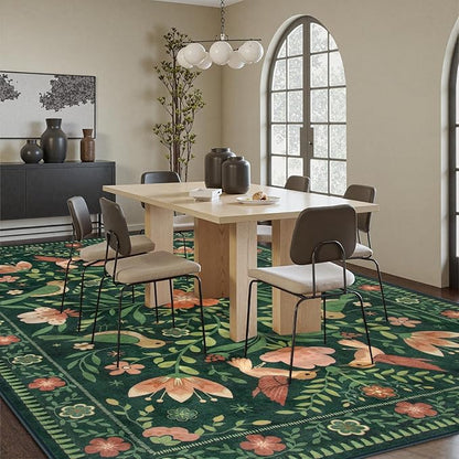 Moynesa Area Rugs 9x12 Green Vintage Home Decor, Modern Cottage Farmhouse Aesthetic Floral Bird Medallion Carpet for for Living Room Bedroom Dining Room,Non-Slip Washable Floor Protection