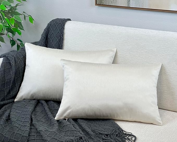 Aiking Home 12x18 Inches Faux Silk Rectangular Throw Pillow Cover, Zipper Closure, Ivory (Set of 2)