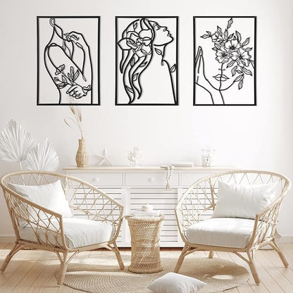 AGIOTA 3 Pcs Wall Decor Above Bed Minimalist Wall Art for Living Room Metal Line Art - Female Body, Black Room Decor for Bedroom Modern Wall Art for Indoor 15inch