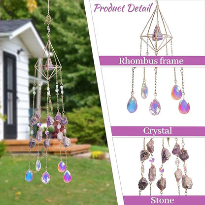 Amethyst Crystal Suncatcher - Dreamsum Hanging Gold Plated Garden Sun Catcher for Windows, Healing Amethyst Crystal Decor for Home, Gift for Christmas Birthday Valentine Mothers Day