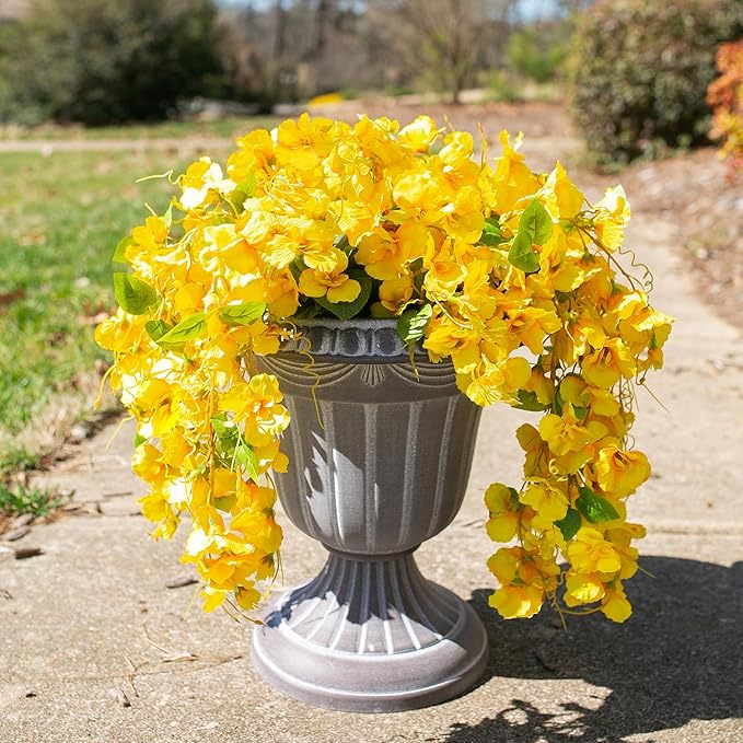 Fake Hibiscus Artificial Hanging Flowers Plants for Outdoors Spring Decoration, 4pcs Silk Hibiscus Vines Realistic UV Resistant Yellow Faux Flowers for Outside Planter Porch Patio Yard Wedding Party