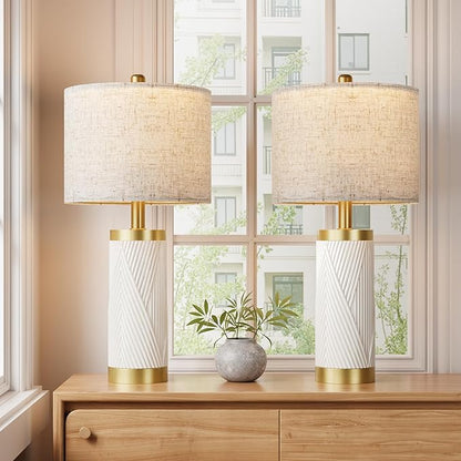 24.5" Modern Ceramic Table Lamp Set of 2 for Living Room, Table Lamps with USB Ports for Bedroom Set of 2， Farmhouse Bedside Nightstand Bedside Lamp End Table Lamps White