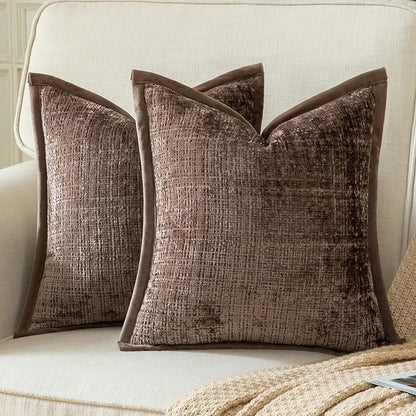Yaertun Pack of 2 Chenille Textured Decorative Throw Pillow Covers Accent Solid Cushion Cover Soft Cozy Pillow Case with Velvet Back for Couch Sofa Bed Living Room 16x16 Inch Brown