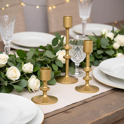 SwallowLiving Candle Holder Table Decor, Antique Brass Gold Taper Candle Holder Set of 3, Iron Candlestick Holders for Pillar Candles, Vintage Decor Centerpiece Table Decorations for Wedding Christmas