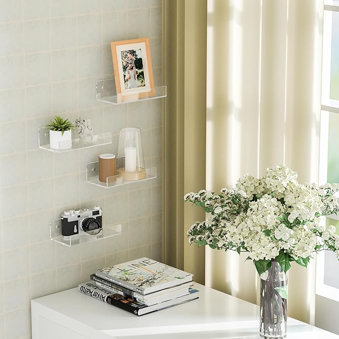 7'' Clear Acrylic Wall Shelf 2 Pack, Acrylic Floating Shelves, Acrylic Small Shelf for Books, Home Décor, Digital Clock, Speaker, Wine Bottle
