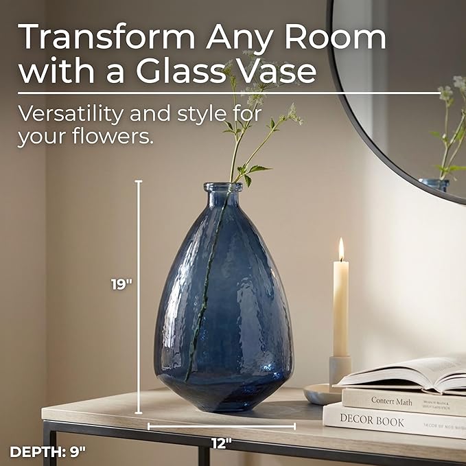 Opaque Glass Vase – Solid Modern Decorative Accent – Elegant Home Decor Centerpiece for Living Room, Bedroom, Office, or Entryway – Handcrafted Glass Flower Vase for Table or Floor – 19", Blue