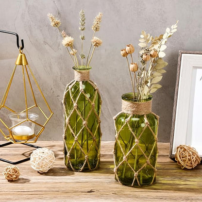 Chuangdi Set of 2 Coastal Glass Vases Christmas Vases for Flowers with Boho Rope Christmas Centerpieces for Tables Small Beach Bottle for Nautical Wedding Floral Arrangement Decorations(Olive Green)