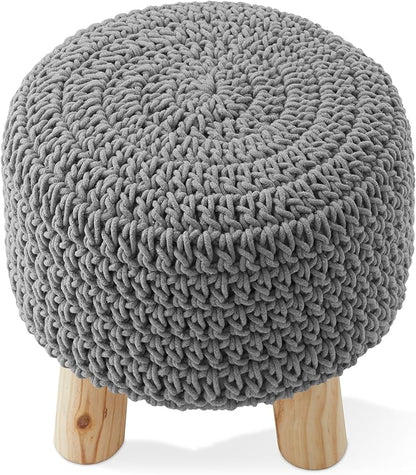 Casafield Pouf Ottoman Footstool, 13" Round x 11" High, Hand-Knitted Cotton Footrest, Non-Skid Wood Legs, Boho Foot Stool for Living Room, Bedroom (Light Gray)