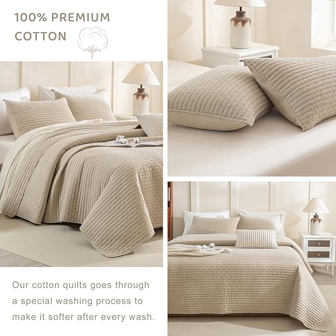 Sanracie Stonewashed Oversized Queen Quilt(102"x118"), Cotton Dark Wheat Color Cross Stitch Pattern Quilt Set 3Pcs Ultra Soft Lightweight Crinkle Bed Coverlet Set for All Season