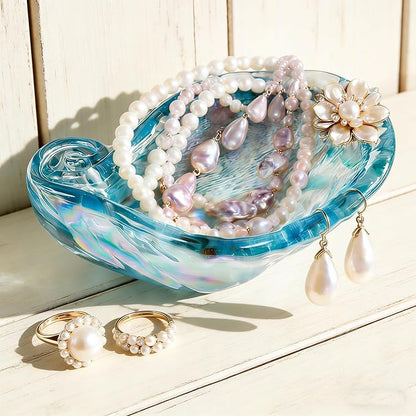 QFkris Glass Conch Shape Jewelry Tray, 5" Blue Shell Trinket Dish Glass Ring Earring Holder Ocean-Themed Decorative Trinket Plate for Rings Earrings Necklaces Jewelry Keys Christmas Gift for Women