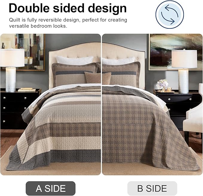 EWlinens Oversized Queen Bedspread Set 120"x102" - 100% Cotton Extra Large Quilts Queen Size, Farmhouse Patchwork Striped Plaid Bedspreads with 2 Pillow Shams, All Season, Dark Brown/Beige/Gray