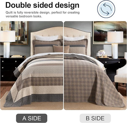 EWlinens Oversized California King Bedspread Set 120"x128" - 100% Cotton Extra Large Quilts Cal King Size, Farmhouse Patchwork Striped Plaid Bedspreads for All Season, 3 Pieces, Dark Brown/Beige/Gray