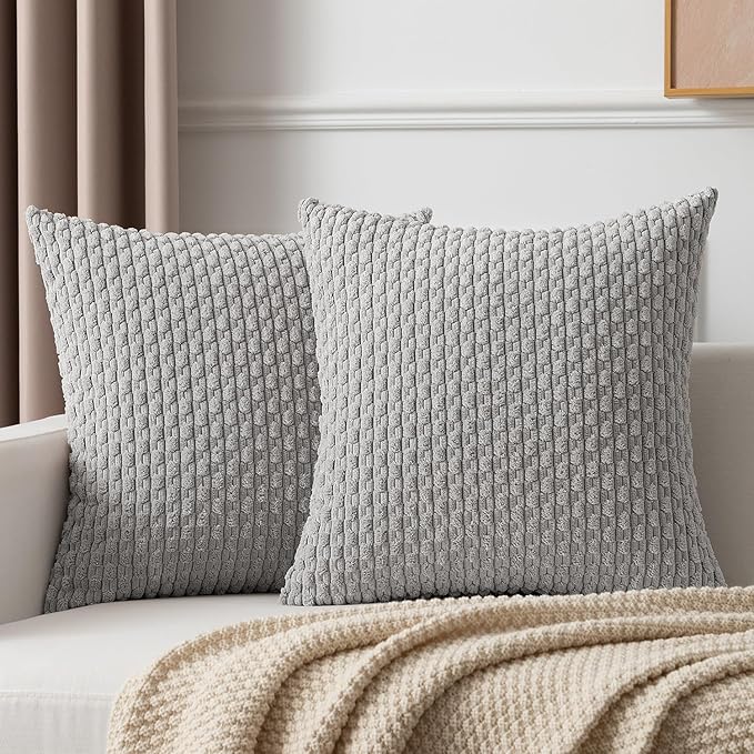 Kevin Textile Decorative Throw Pillow Covers Corduroy Square Boho Cushion Cover with Stripes Cases for Bedroom Sofa Living Room Couch Set of 2 18x18 Inch Light Grey
