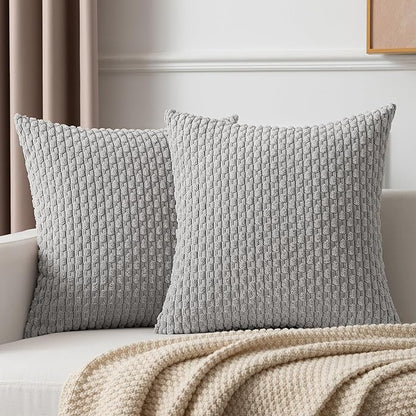 Kevin Textile Decorative Throw Pillow Covers Corduroy Square Boho Cushion Cover with Stripes Cases for Bedroom Sofa Living Room Couch Set of 2 18x18 Inch Light Grey