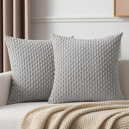 Kevin Textile Decorative Throw Pillow Covers Corduroy Square Boho Cushion Cover with Stripes Cases for Bedroom Sofa Living Room Couch Set of 2 18x18 Inch Light Grey