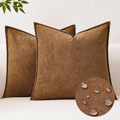 Kevin Textile Waterproof Decorative Pillow Covers Brown 22x22 Inch Pack of 2 Soft Boucle Textured Euro Pillowcases Elegant Accent Pillows for Couch Sofa Chair Bed Home Decor Indoor Outdoor