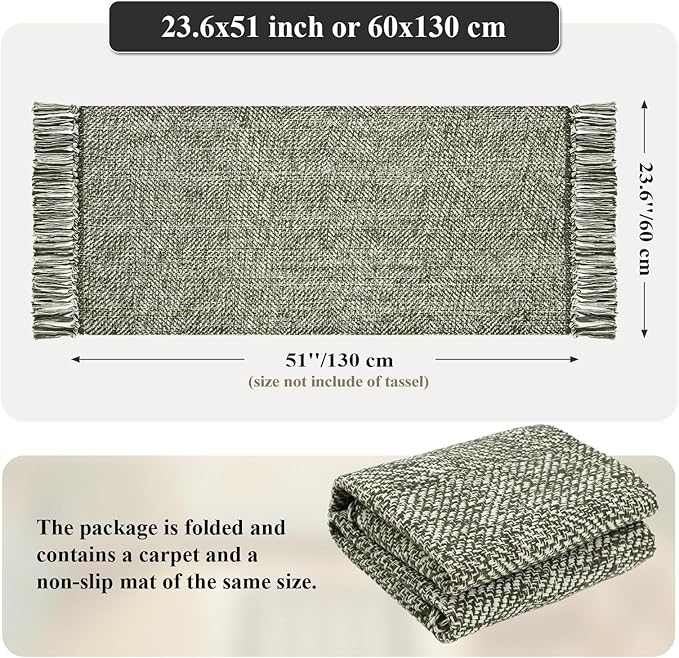 Collive Washable Kitchen Runner Rug, Modern Farmhouse Hand Woven Entryway Rugs Non Slip, Cotton Reversible Bathroom Carpet for Bedroom Hallway Foyer Back Door Decor, 2 x 4.3 ft Olive Green/Cream