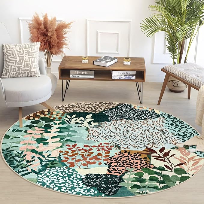 DEXDE Round Rug 4ft Washable Circle Area Rugs, Non Slip Low Pile Boho Floral Small Circular Carpet for Bedroom Bathroom Entryway Kids Room Office Dining Room, Dark Green