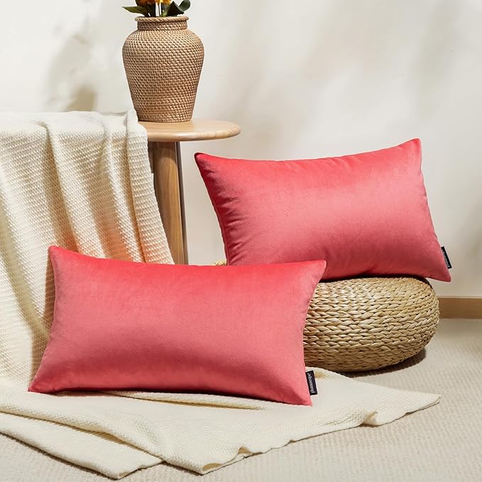 Phantoscope Pack of 2 Velvet Decorative Throw Decorative Pillow Cover Soft Solid Square Cushion Case for Couch Magenta 12 x 20 inches 30 x 50 cm