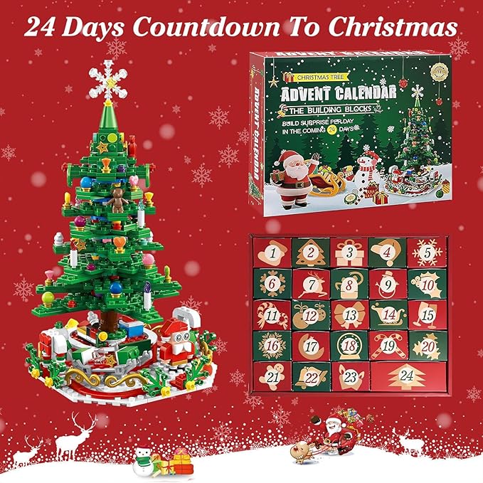 701 Pcs Christmas Tree Building Toy: 24-Day Advent Calendar, 30 LED Warm Lights (USB), Santa Ornaments & Snowflake Topper - Educational Blocks for Kids 3-6, Tabletop Decor