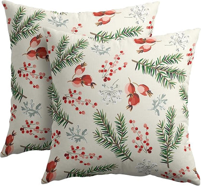 Beige Christmas Pillow Covers 22x22 Set of 2 Green Red Xmas Berries Twigs Rustic Decorative Outdoor Farmhouse Zipper Pillowcases Decorations Winter Holiday Throw Cushion Cover Decor for Couch Sofa Bed