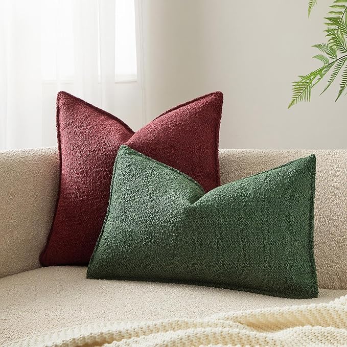 JUSPURBET Green Decorative Pillow Covers 16x24 Set of 2 Throw Pillow Covers for Couch Sofa Bed Cozy Boucle Textured Lumbar Cushion Covers Cases with Hidden Zipper for Living Room Home Decor