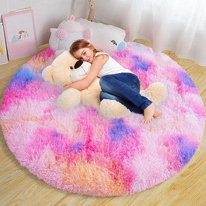 Round Fluffy Rugs 3Ft for Girls Bedroom, Dark Rainbow Shag Circle Kids Rug Non-Slip for Bedside Dorm Nursery Playroom, Soft Cute Area Rugs for Living Room Decor