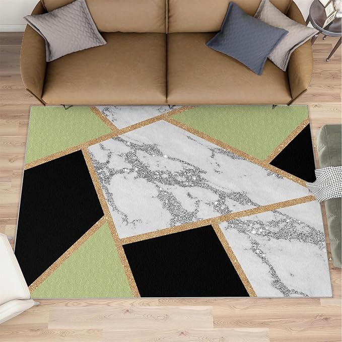 Black Gold Marble Carpet Geometric Marble Rugs for Bedroom Light Luxury Geometric Line Rug Modern Minimalist Indoor Carpet for Living Room Home Decor 5x6ft