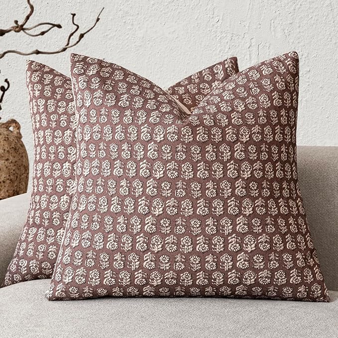 Foindtower Set of 2 Decorative Vintage Floral Print Throw Pillow Covers Neutral Modern Farmhouse Cushion Covers Boho Home Decor for Sofa Couch Chair Bedroom Living Room,24×24 Inch,Wine Red