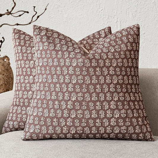Foindtower Set of 2 Decorative Vintage Floral Print Throw Pillow Covers Neutral Modern Farmhouse Cushion Covers Boho Home Decor for Sofa Couch Chair Bedroom Living Room,24×24 Inch,Wine Red
