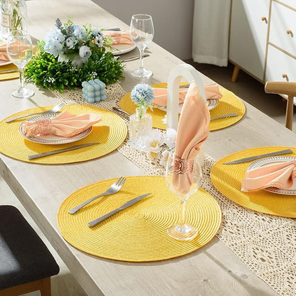 AHHFSMEI Round Braided Placemats 15 Inch Round Table Mats for Dining Tables Natural Woven Heat Resistant Place mats Set of 8 (Yellow,8)