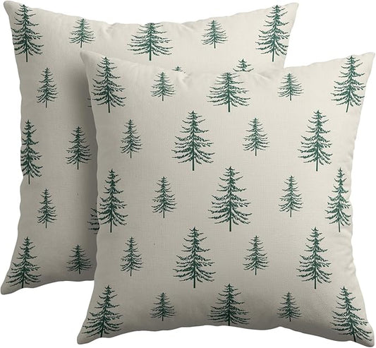 Christmas Tree Pillow Covers 16x16 Set of 2 Green Xmas Vintage Winter Print Decorative Outdoor Linen Zipper Throw Pillows Cases Cushion Cover Rustic Holiday Decoration Farmhouse Sofa Couch Bed Decor