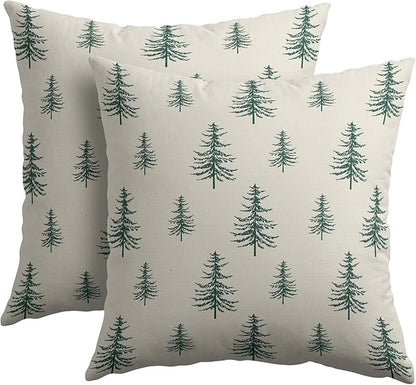 Christmas Tree Pillow Covers 22x22 Set of 2 Green Xmas Vintage Winter Print Decorative Outdoor Linen Zipper Throw Pillows Cases Cushion Cover Rustic Holiday Decoration Farmhouse Sofa Couch Bed Decor
