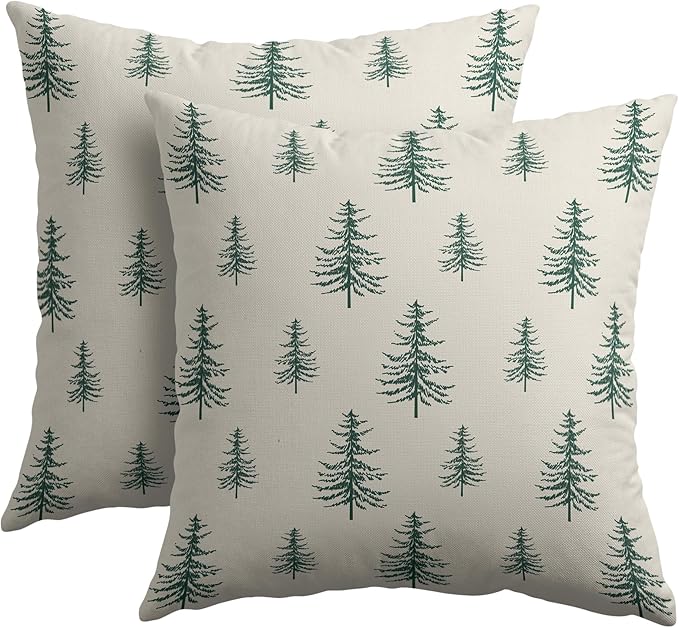 Christmas Tree Pillow Covers 18x18 Set of 2 Green Xmas Vintage Winter Print Decorative Outdoor Linen Zipper Throw Pillows Cases Cushion Cover Rustic Holiday Decoration Farmhouse Sofa Couch Bed Decor