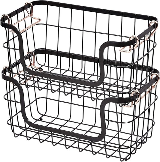 Amazon Basics Stackable Metal Wire Rectangular Storage Basket Set for Kitchen or Bathroom, 2 Count, Black