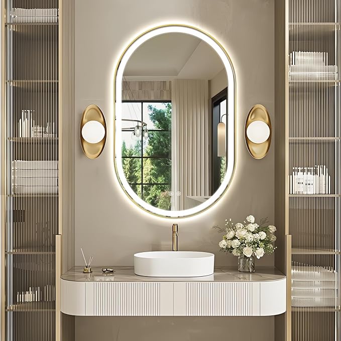 Niccy Oval LED Mirror for Bathroom, 48x30 Front Lit + Backlit Vanity Mirrors with Light Anti-Fog, Shatter-Proof, 3 Colors, Makeup Mirror with Old Gold Frame (Horizontal/Vertical)