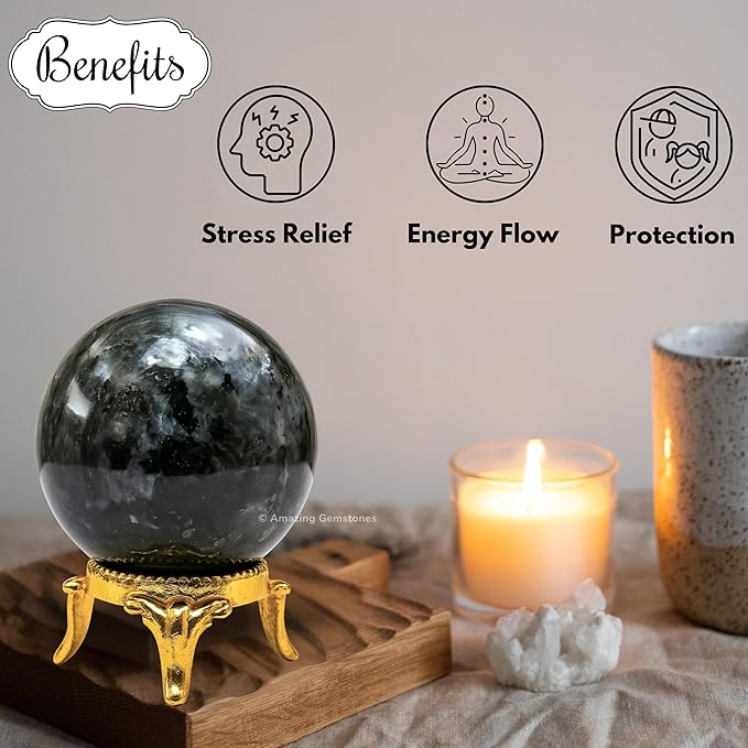 Amazing Gemstone Larvikite Crystal Ball with Stand - 1.5" Inches Crystal Sphere Meditation Balls for Witchcraft and Decorative Balls
