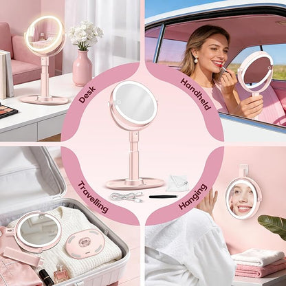 Makeup Mirror with Lights, 30X Magnifying & Height Adjustable, Lighted Magnifying Mirror with 3 Light Modes and Stepless Dimming, Vanity Mirrors for Bathroom, Birthday Gift for Women, Pink