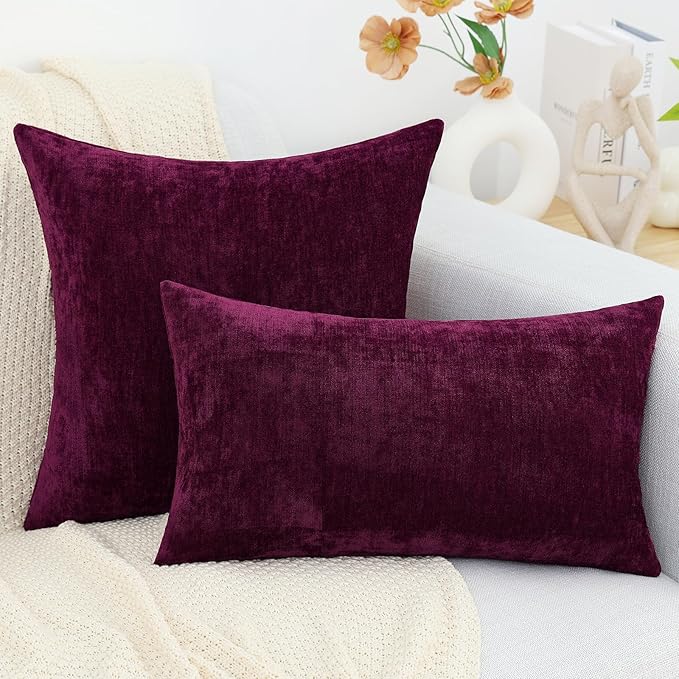 decorUhome Chenille Burgundy Spring Throw Pillow Covers 12x20 Inch Set of 2, Decorative Soft Couch Pillow Covers Solid Dyed Accent Farmhouse Neutral Rectangle Pillow Cases for Sofa