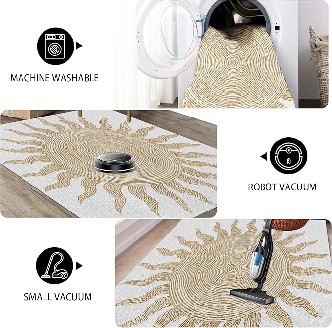Boho Washable Rugs for Bedroom 3x4, Modern Sun Print Soft Minimalism Area Rug, Non Slip Low Pile Abstract Carpet for Classroom Living Room Decor Dining Room Sofa Kids Nursery Room, Beige Yellow