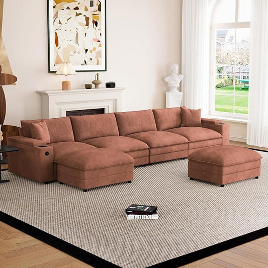 148.7" U Shaped Cloud Sofa Couch with Ottoman, Storage Armrest, Cup Holders, USB & Type-C Ports, Spring Cushions, Solid Wood Frame, Chenille Modular Sectional for Living Room (Coffee-U-148.7")