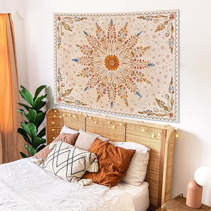 Fowocu Boho Floral Mandala Tapestry for Bedroom Aesthetic Watercolor Bohemian Flower Wall Tapestry Brown Beige Hippie Indian Small Tapestries Wall Hanging for Living Room Dorm Decor 48 x 36 Inch