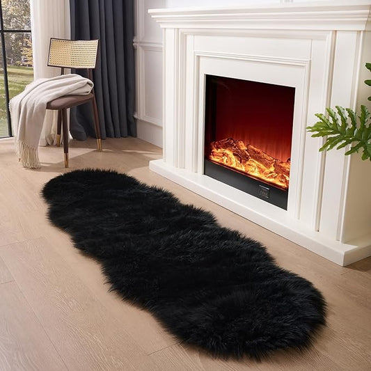 Black Faux Fur Rug Runner 2x6 ft – Super Soft Plush Sheepskin-Look Carpet for Bedroom, Living Room & Hallway