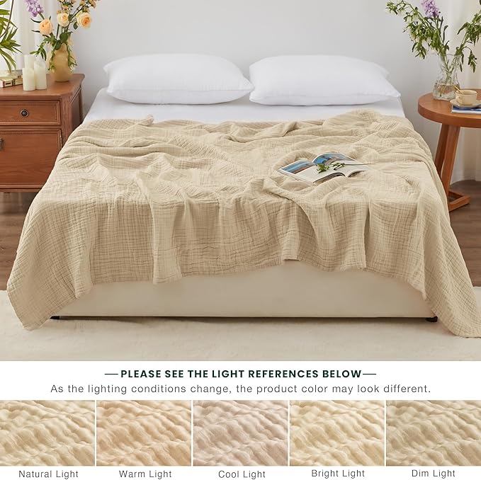 Love's cabin 6 Layer 100% Cotton Muslin Blanket, 90"x90" Muslin Blanket Queen for Couch Bed, Lightweight and Breathable Cotton Gauze for Adult, Khaki