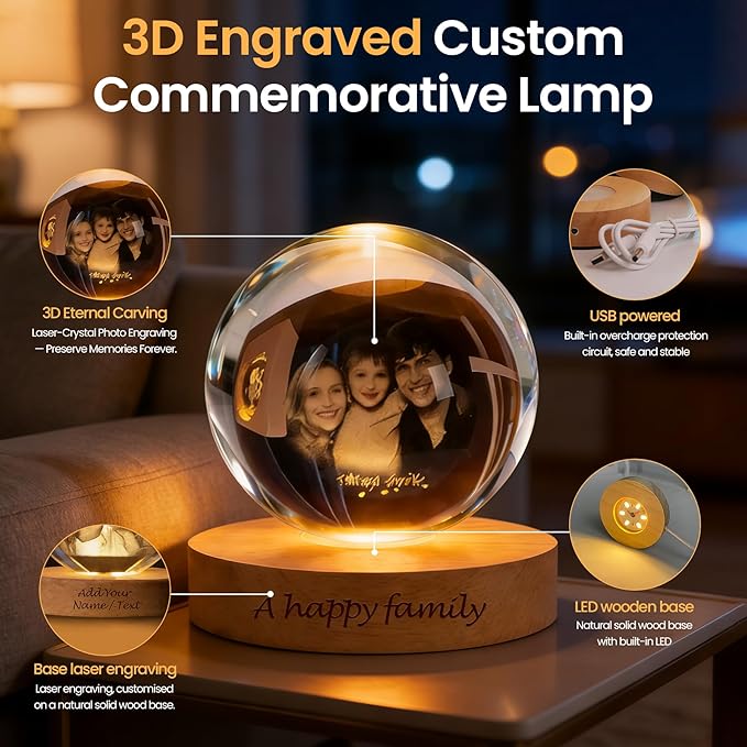 Personalized 3D Photo Crystal Ball Night Light – Custom Engraved Picture Lamp with Wood Base for Couples, Family & Pets – Ideal for Anniversary or Birthday